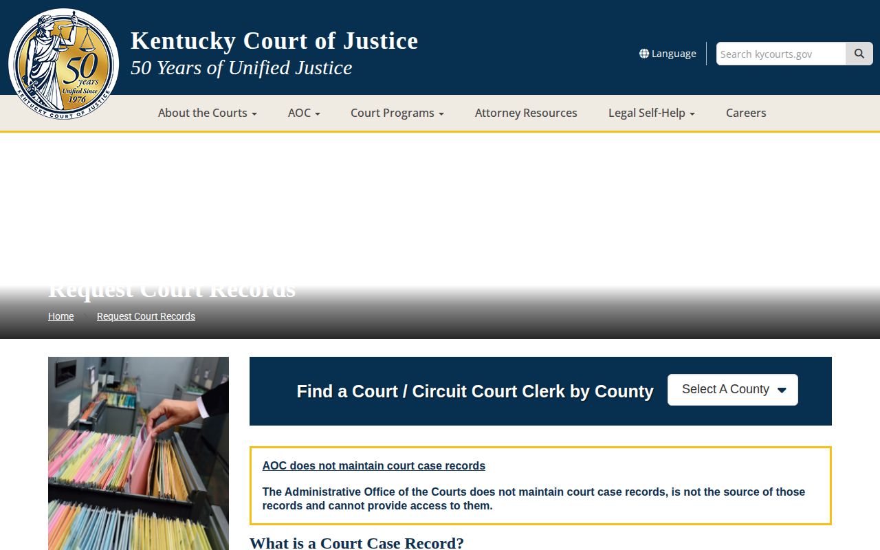 Kentucky Court of Justice court records request page
