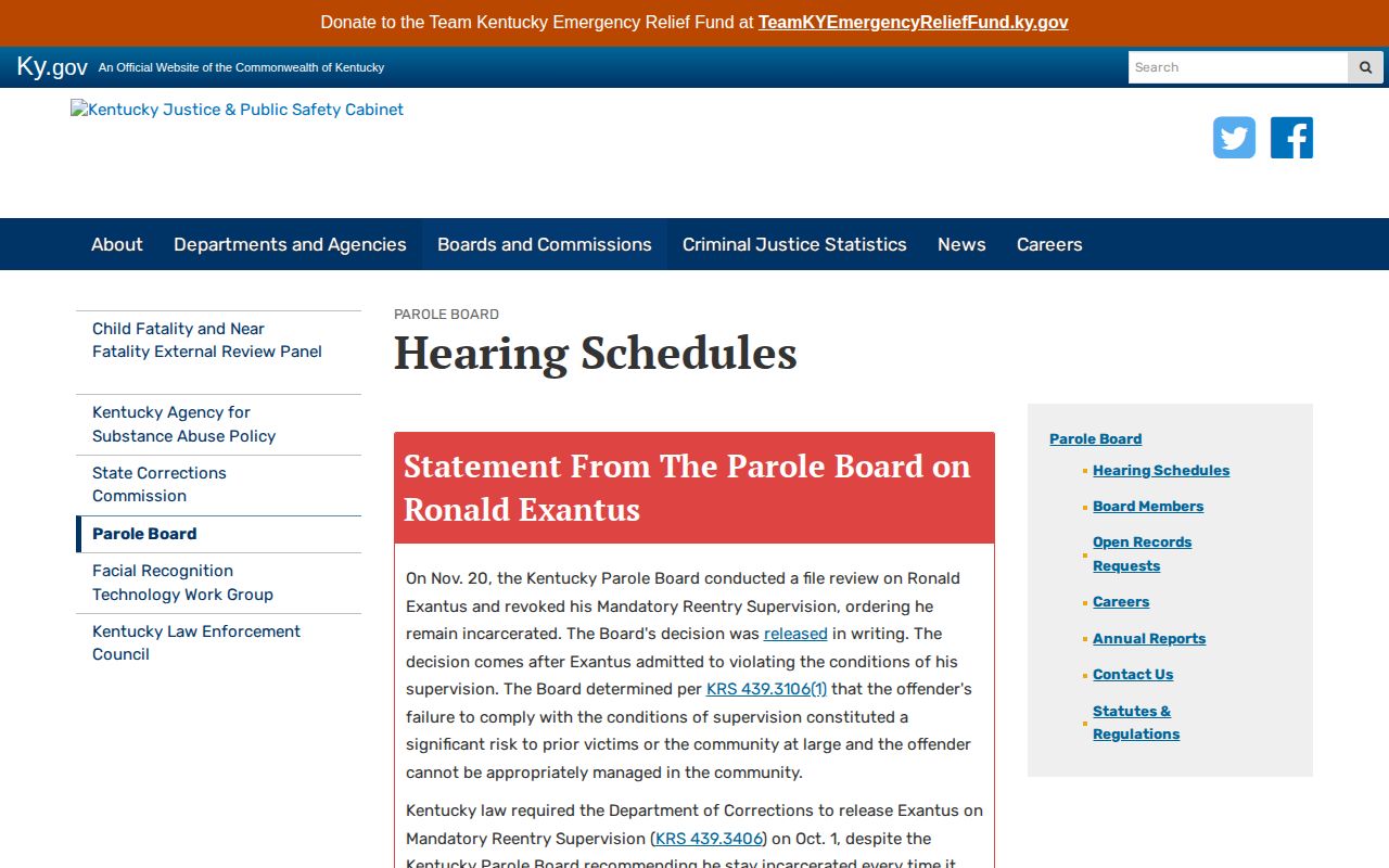 Kentucky Parole Board schedule for Letcher County parole records
